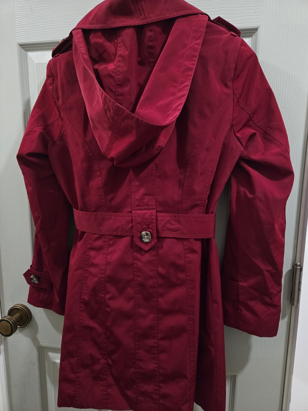 London Fog Womens Wine Red Trench Coat with Belt And Hood - Picture 7 of 10